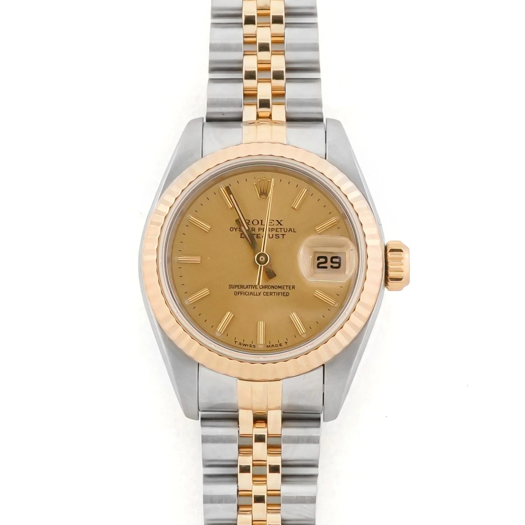 Rolex 69173 Lady-Datejust 26 mm Fluted Bezel Champagne Index Dial Jubilee Bracelet Box 1994