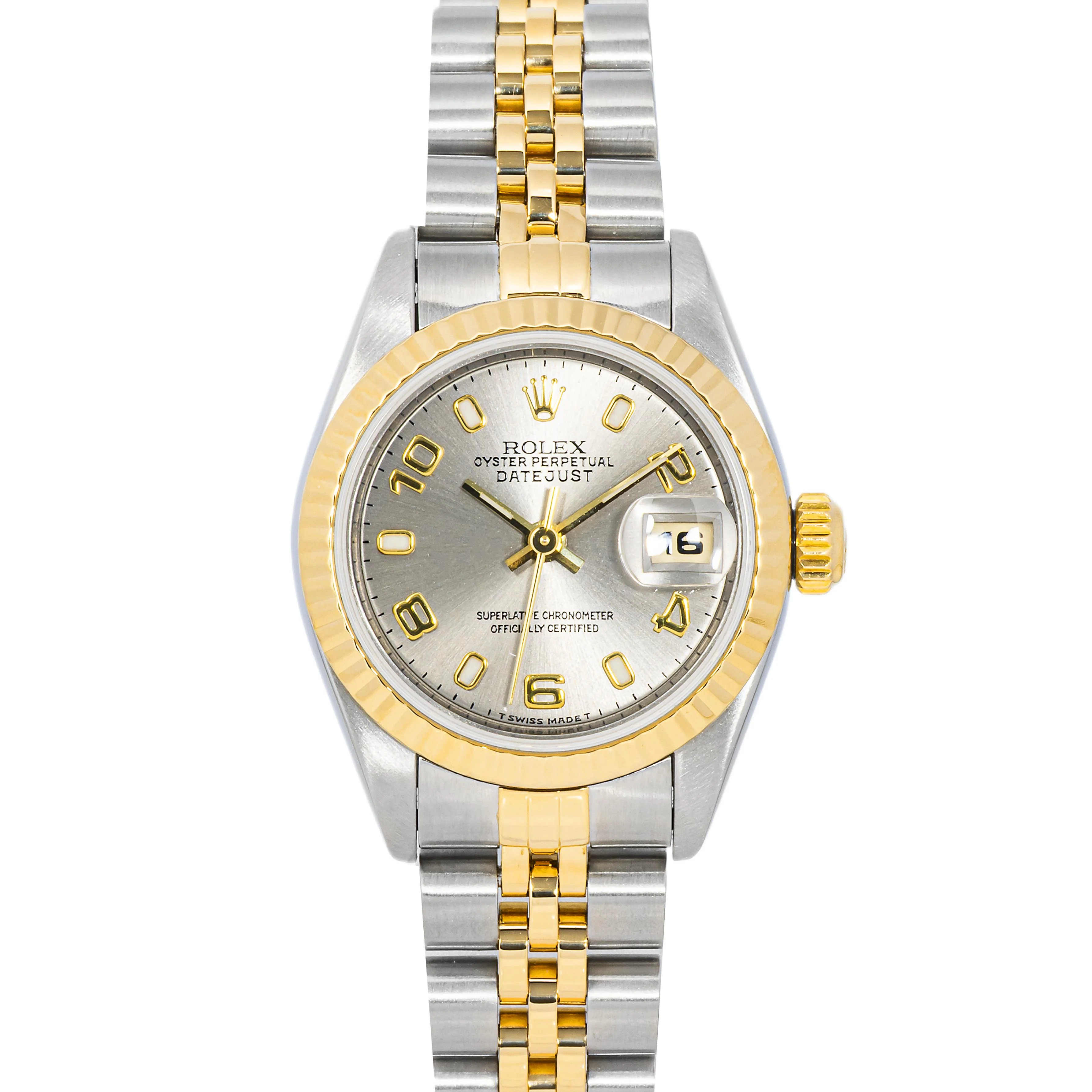 Rolex 69173 Lady-Datejust 26 mm Fluted Bezel Silver Arabic Dial Jubilee Bracelet Box 1996