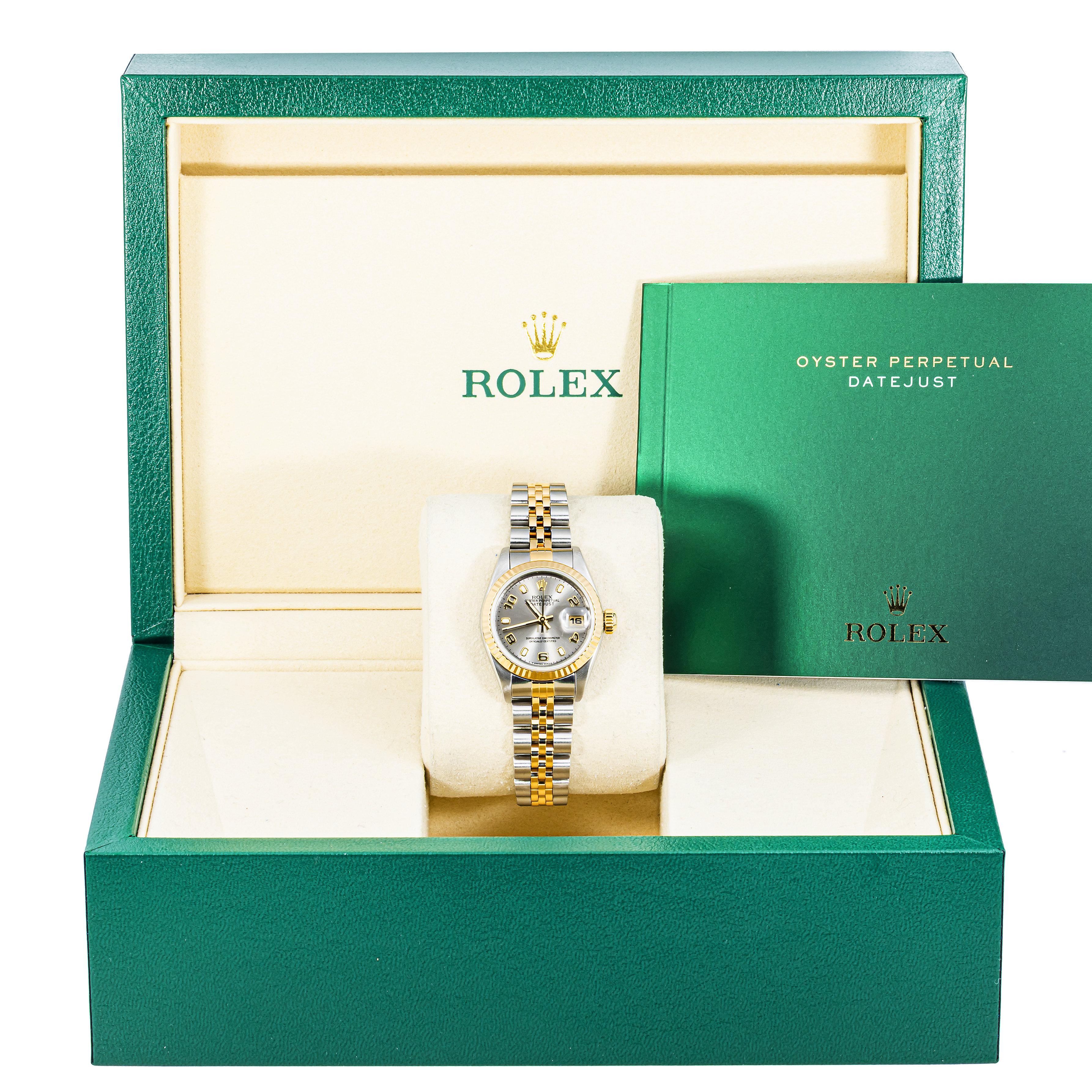 Rolex 69173 Lady-Datejust 26 mm Fluted Bezel Silver Arabic Dial Jubilee Bracelet Box 1996 - Image 2