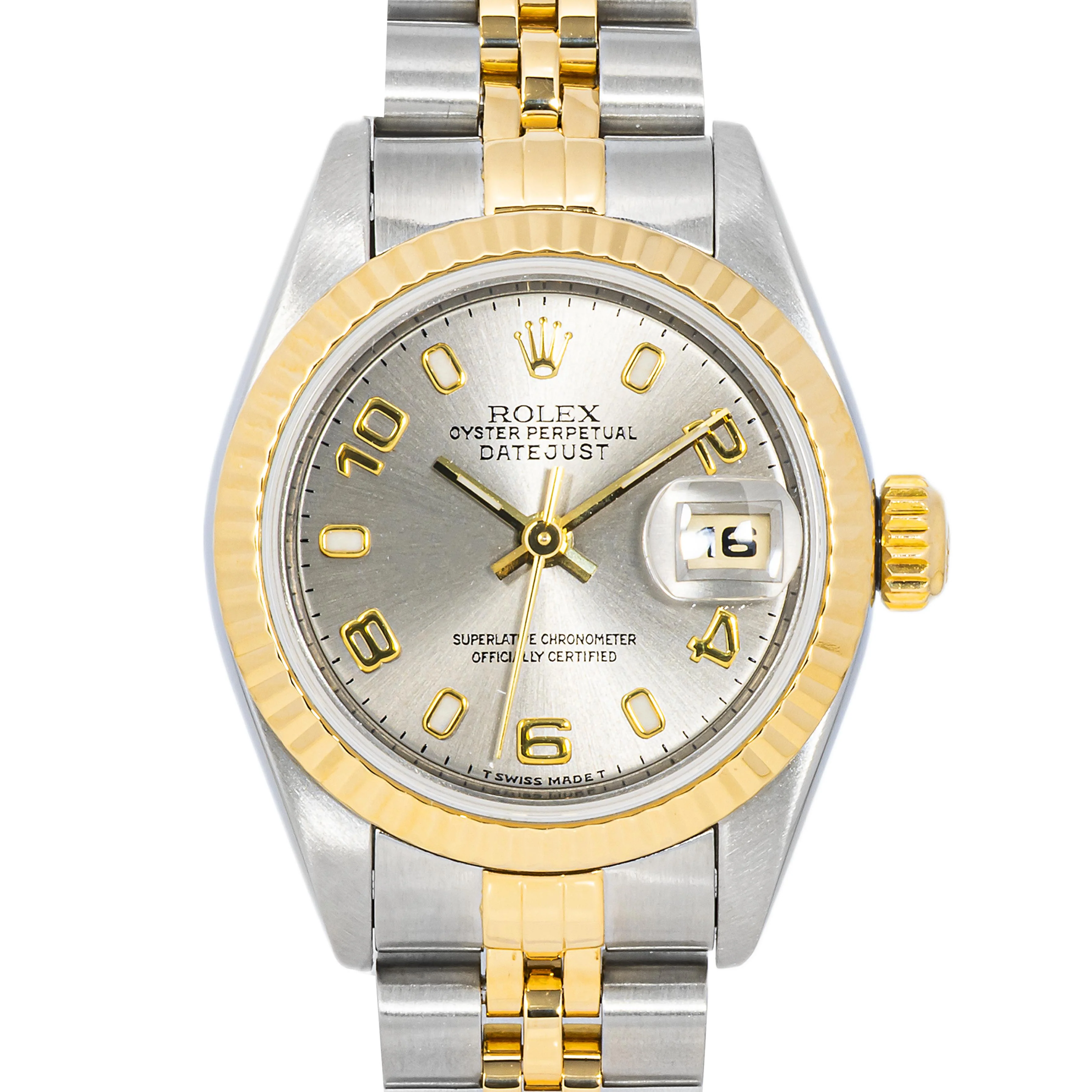 Rolex 69173 Lady-Datejust 26 mm Fluted Bezel Silver Arabic Dial Jubilee Bracelet Box 1996 - Image 3