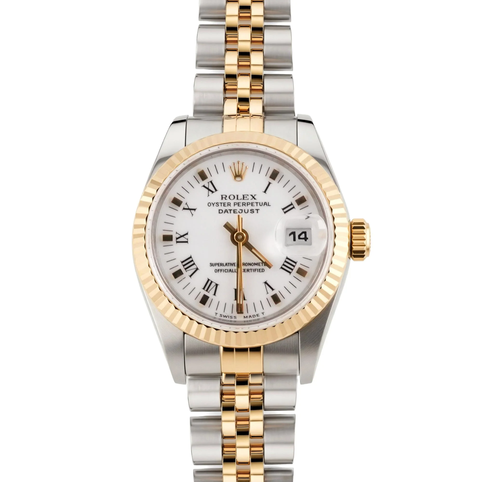 Rolex 69173 Lady-Datejust 26 mm Fluted Bezel White Roman Dial Jubilee Bracelet Box 1994