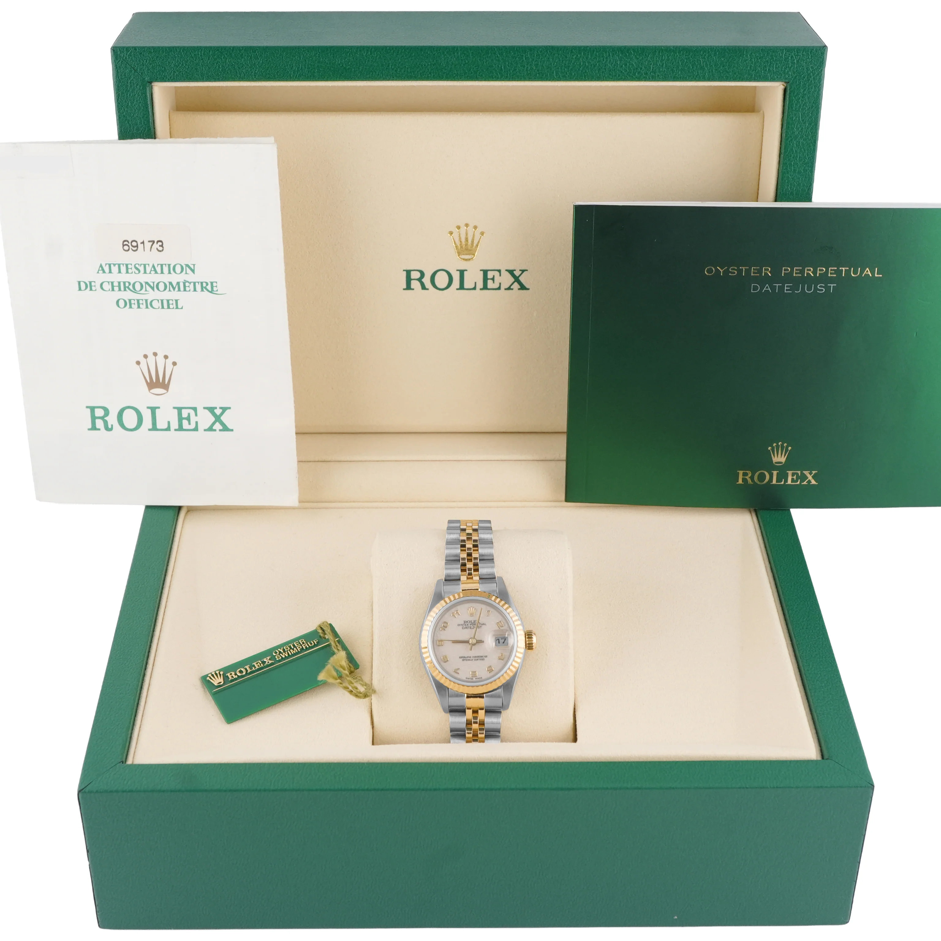 Rolex 69173 Lady-Datejust 26 mm Ivory Arabic Dial Jubilee Bracelet Box and Papers 1999 - Image 2