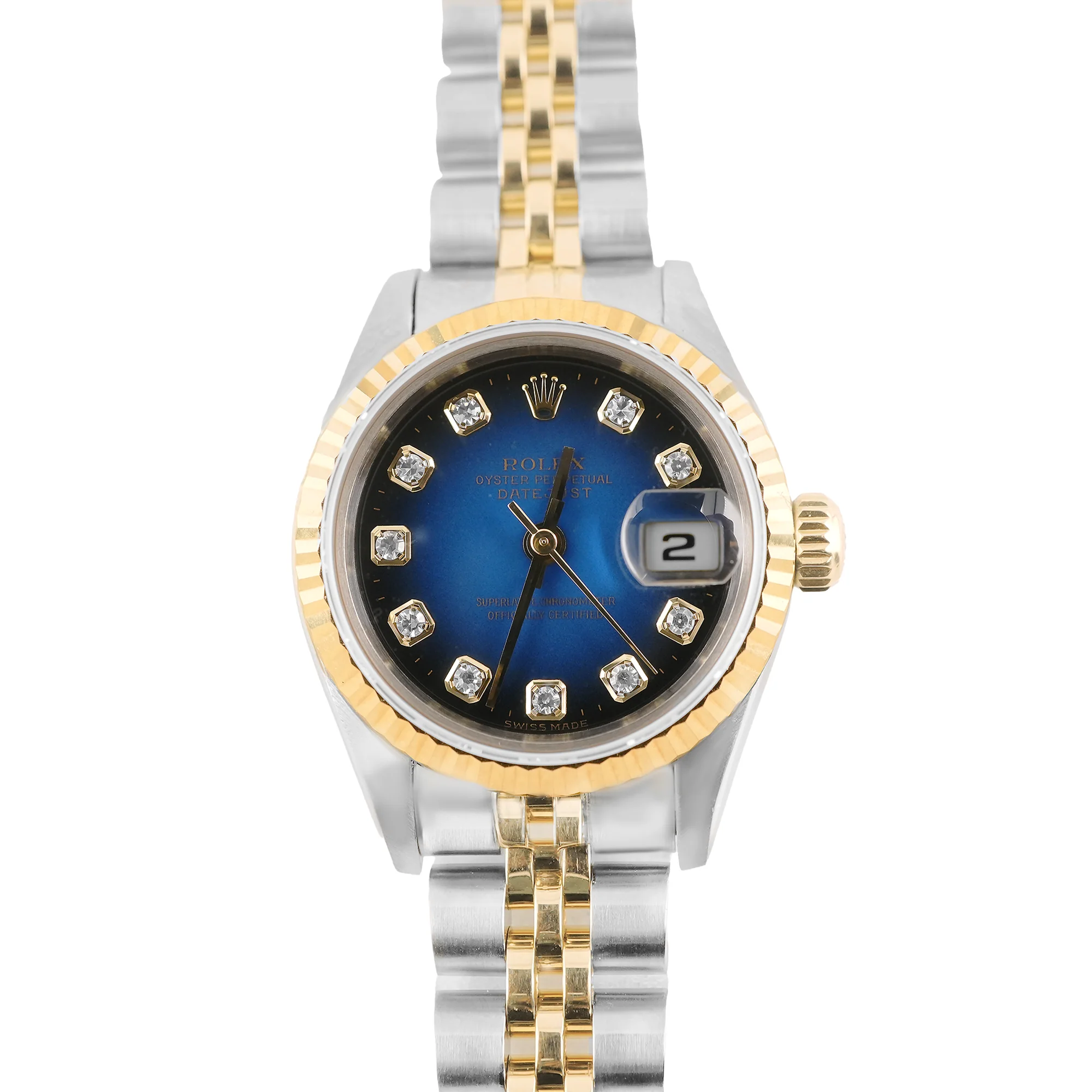 Rolex 69173 Lady-Datejust 26 mm Blue Vingrette Diamond Dial Jubilee Bracelet Box and Papers 1998