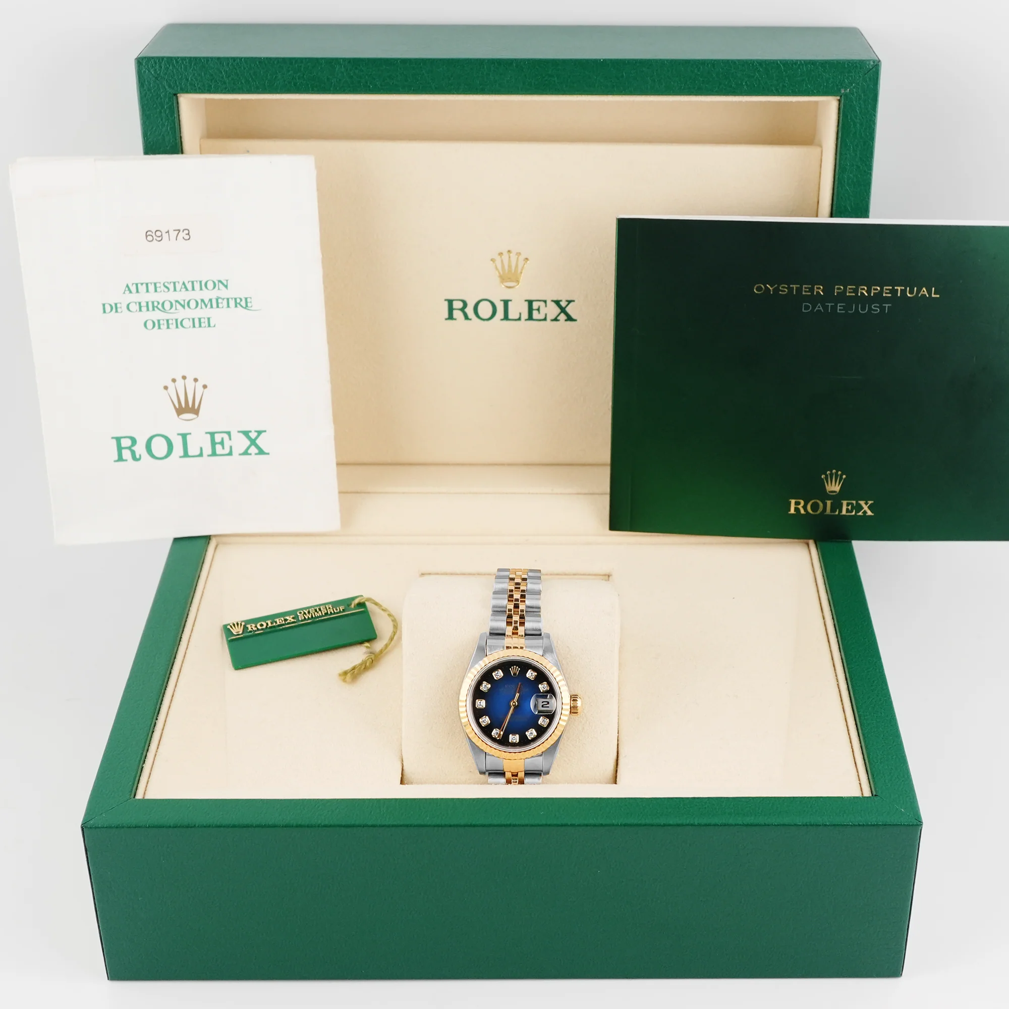 Rolex 69173 Lady-Datejust 26 mm Blue Vingrette Diamond Dial Jubilee Bracelet Box and Papers 1998 - Image 2