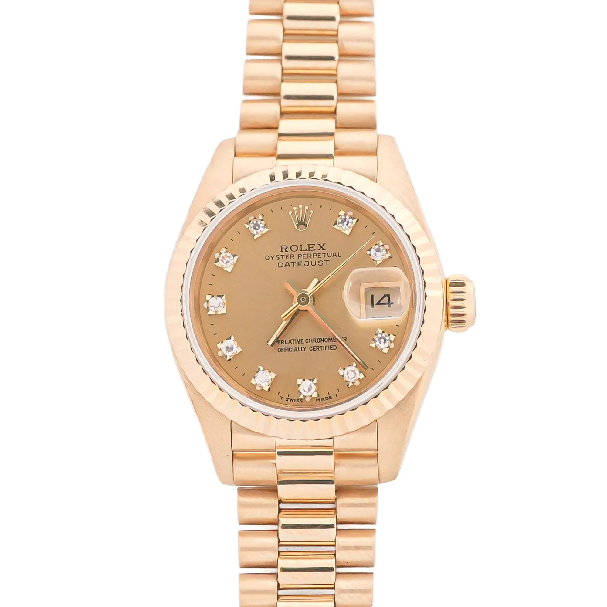 Rolex 69178 Lady-Datejust 26 mm 18K Yellow Gold Fluted Bezel Champagne Diamond Dial President Bracelet Box and Papers 1986