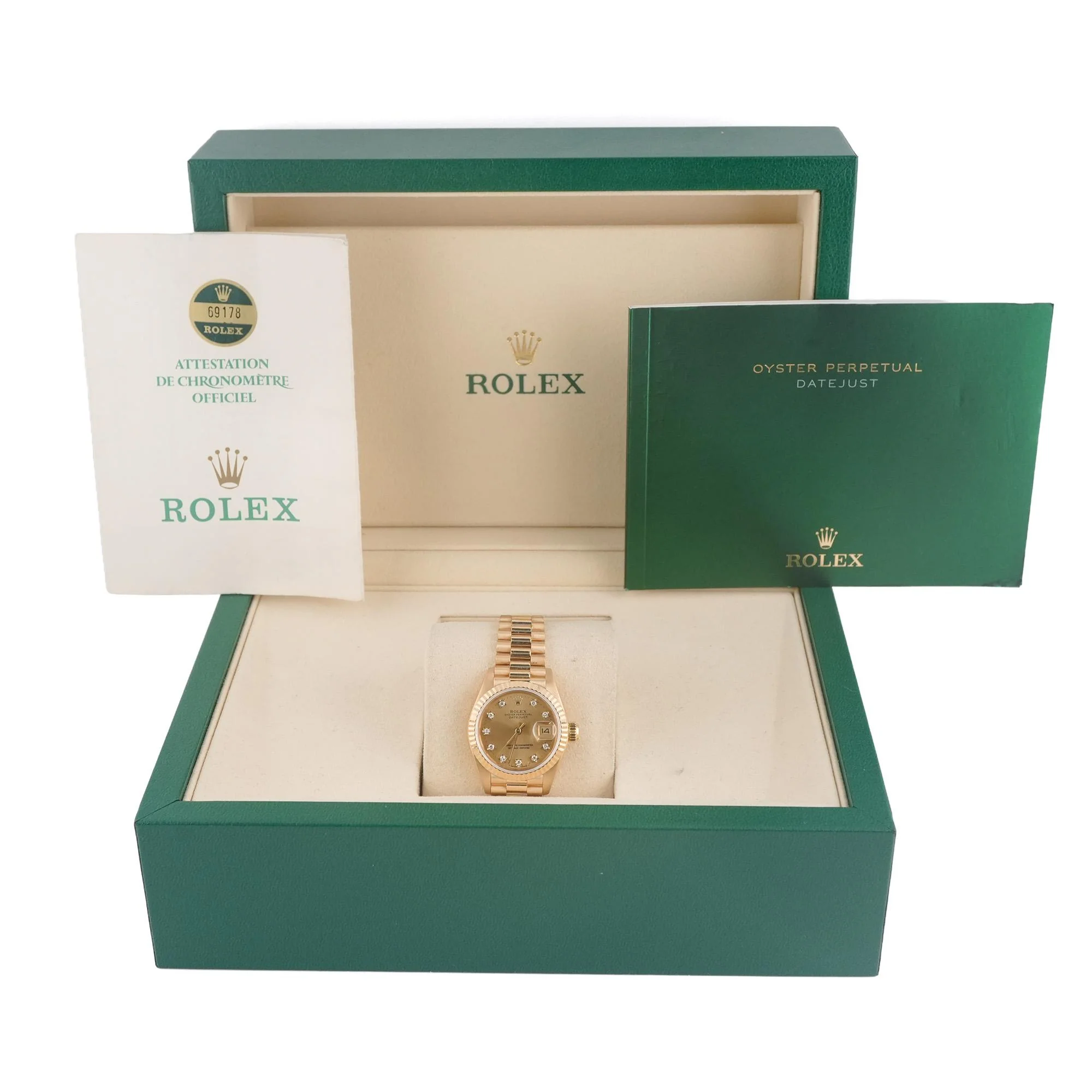 Rolex 69178 Lady-Datejust 26 mm 18K Yellow Gold Fluted Bezel Champagne Diamond Dial President Bracelet Box and Papers 1986 - Image 2
