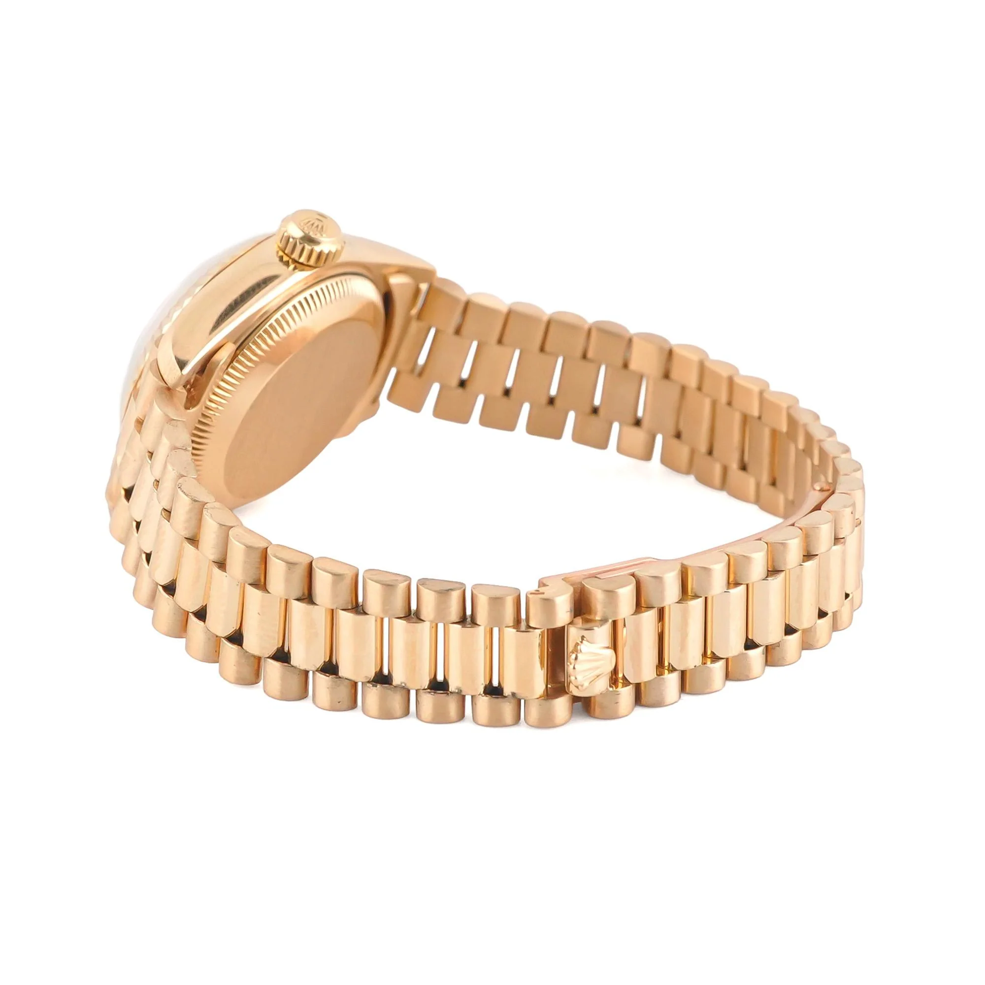 Rolex 69178 Lady-Datejust 26 mm 18K Yellow Gold Fluted Bezel Champagne Diamond Dial President Bracelet Box and Papers 1986 - Image 5