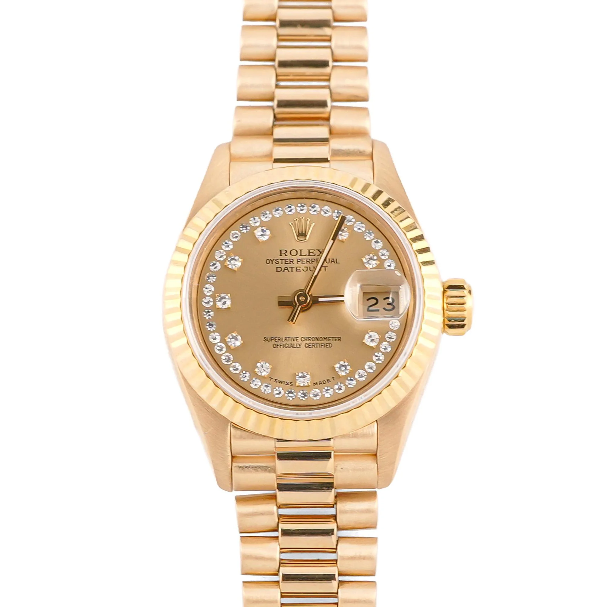 Rolex 69178 Lady-Datejust 26 mm Fluted Bezel Champagne Diamond Dial President Bracelet Box 1989