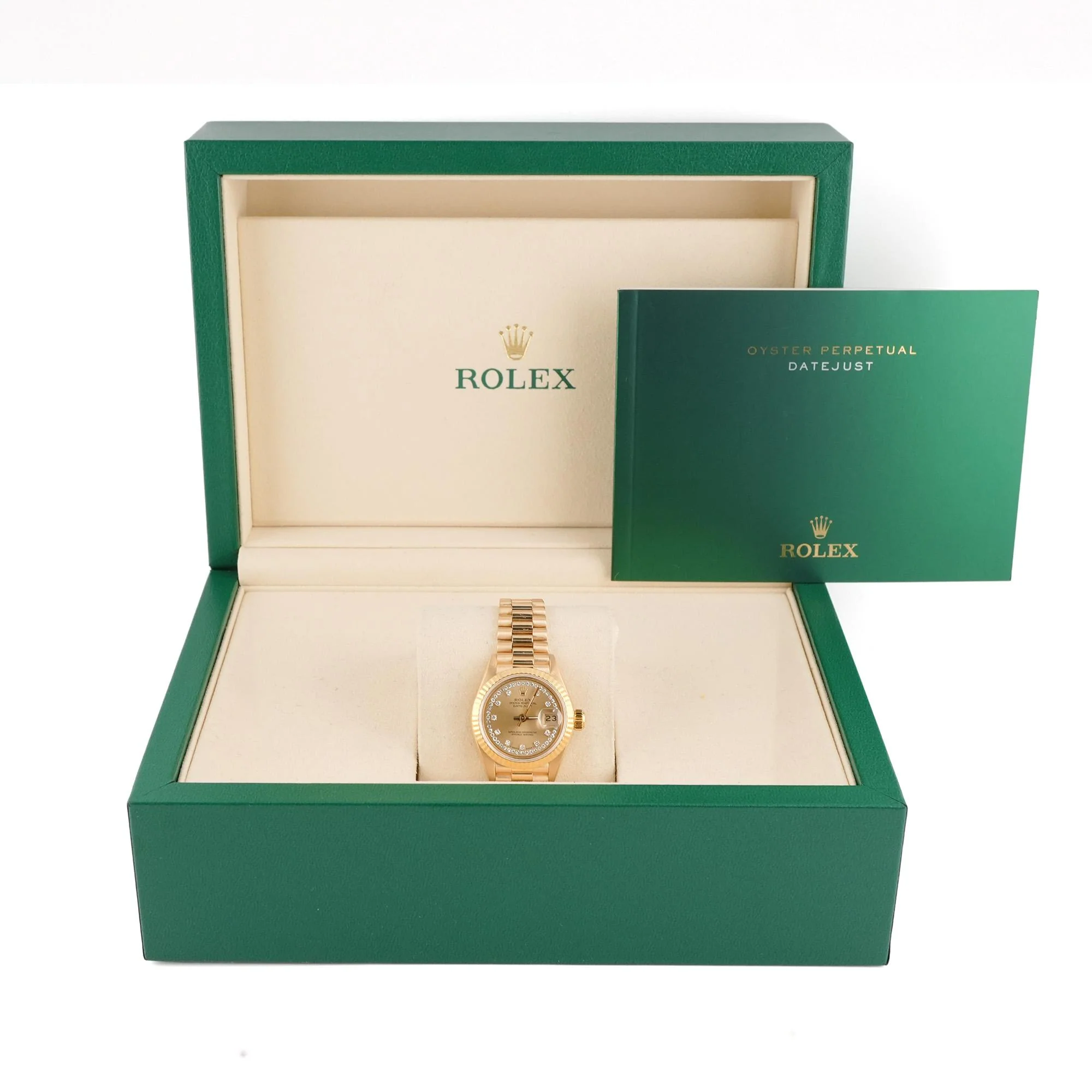 Rolex 69178 Lady-Datejust 26 mm Fluted Bezel Champagne Diamond Dial President Bracelet Box 1989 - Image 2
