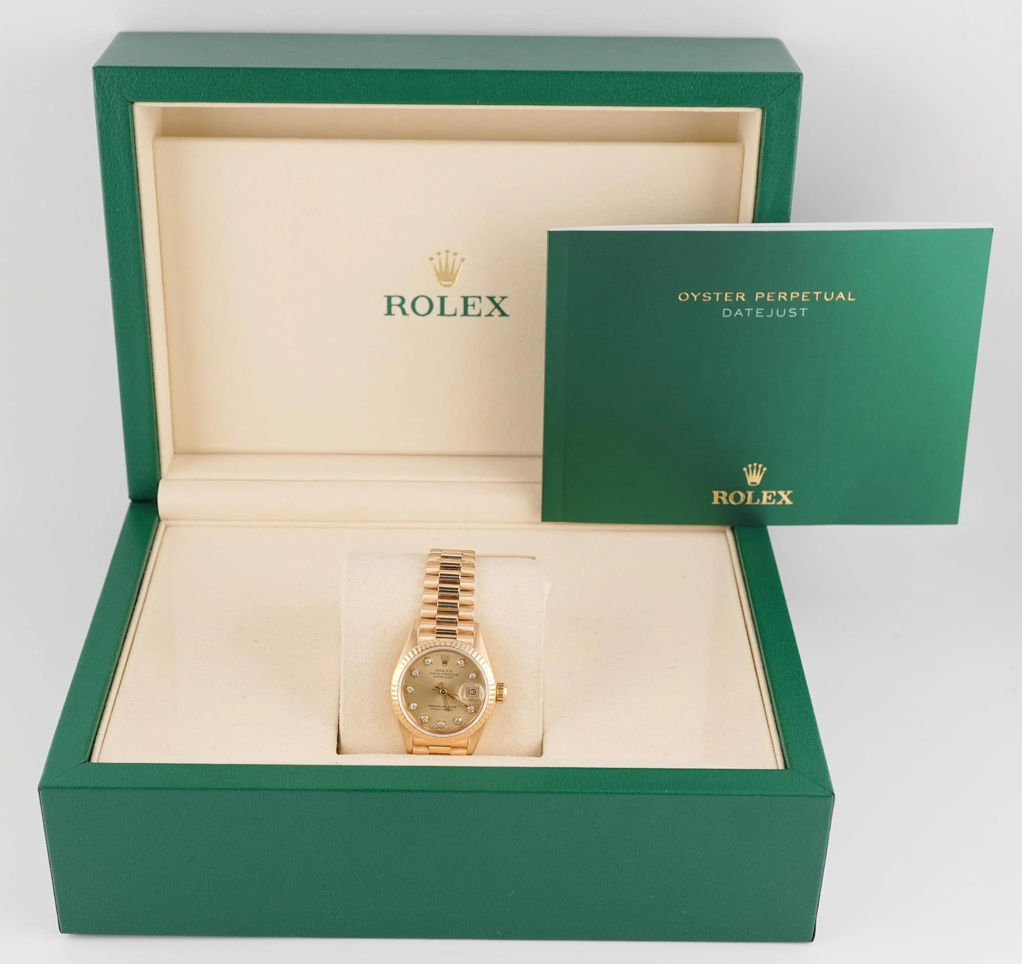 Rolex 69178 Lady-Datejust 26 mm Fluted Bezel Champagne Diamond Dial President Bracelet Box 1990 - Image 2