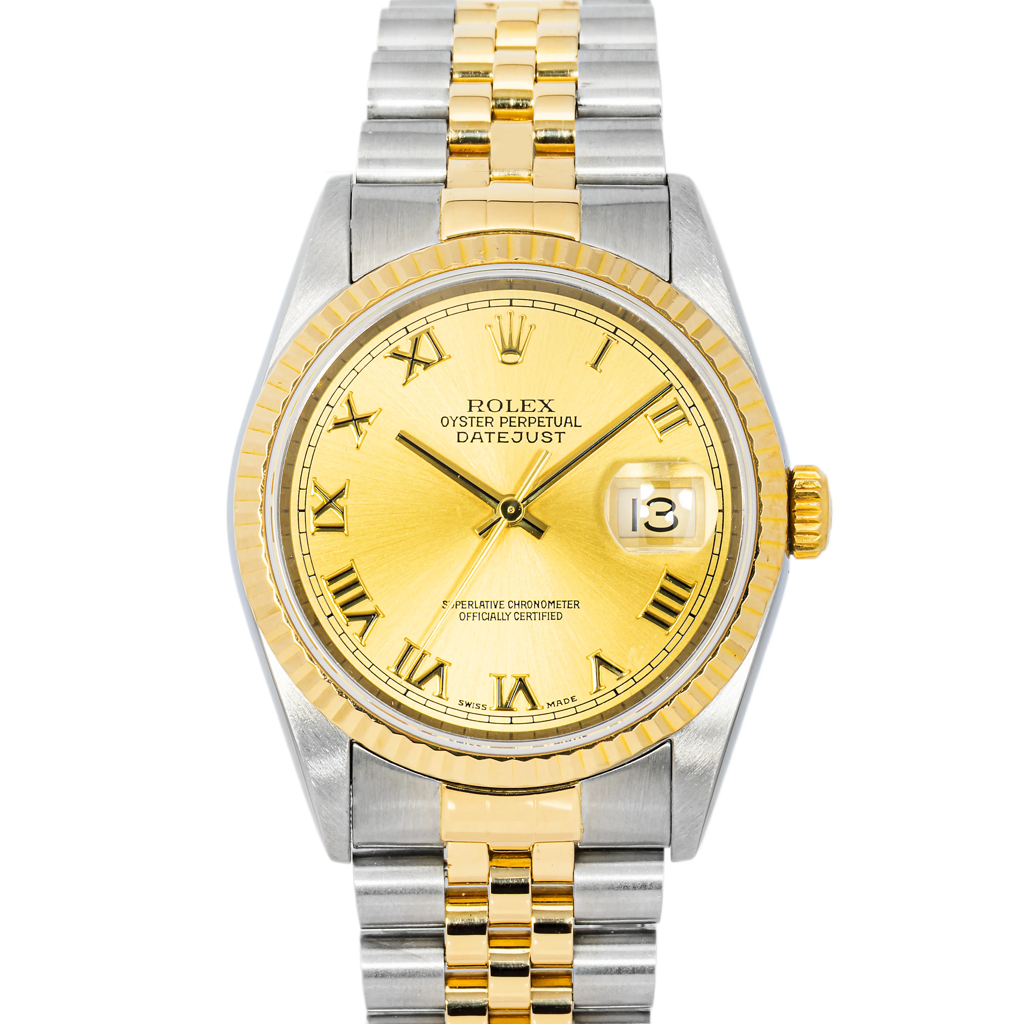 Rolex Datejust 36mm 16233 Fluted Bezel Champagne Roman Jubilee Bracelet Box & Papers 2002